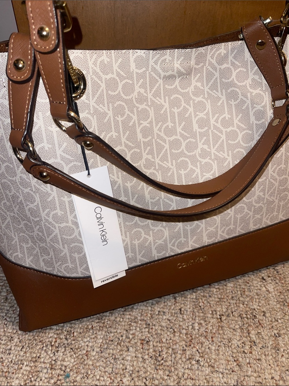 Calvin Klein Cream & Brown Signature Shoulder Tote